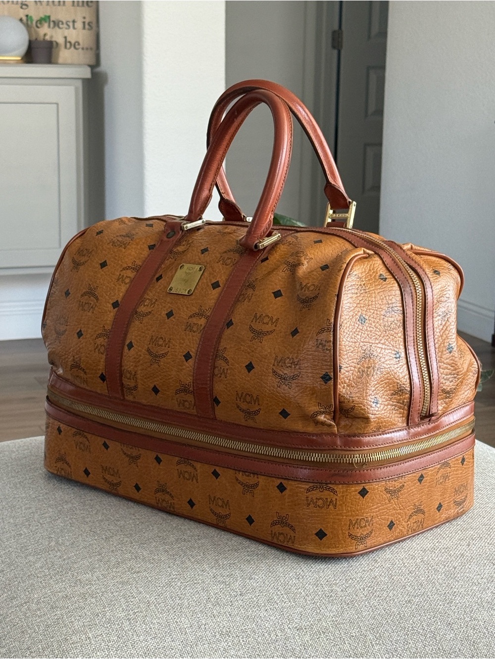 MCM Cognac Brown Visetos Monogram Duffel Bag